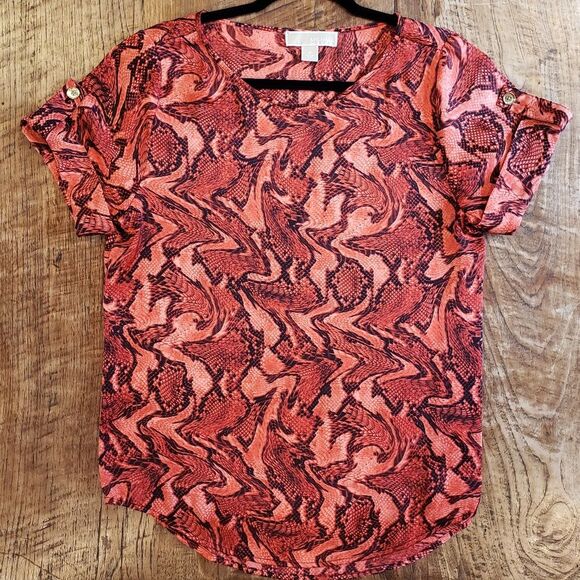Michael Kors Women Reptile Print Blouse Roll Tab Short Sleeves Size M - Picture 2 of 8
